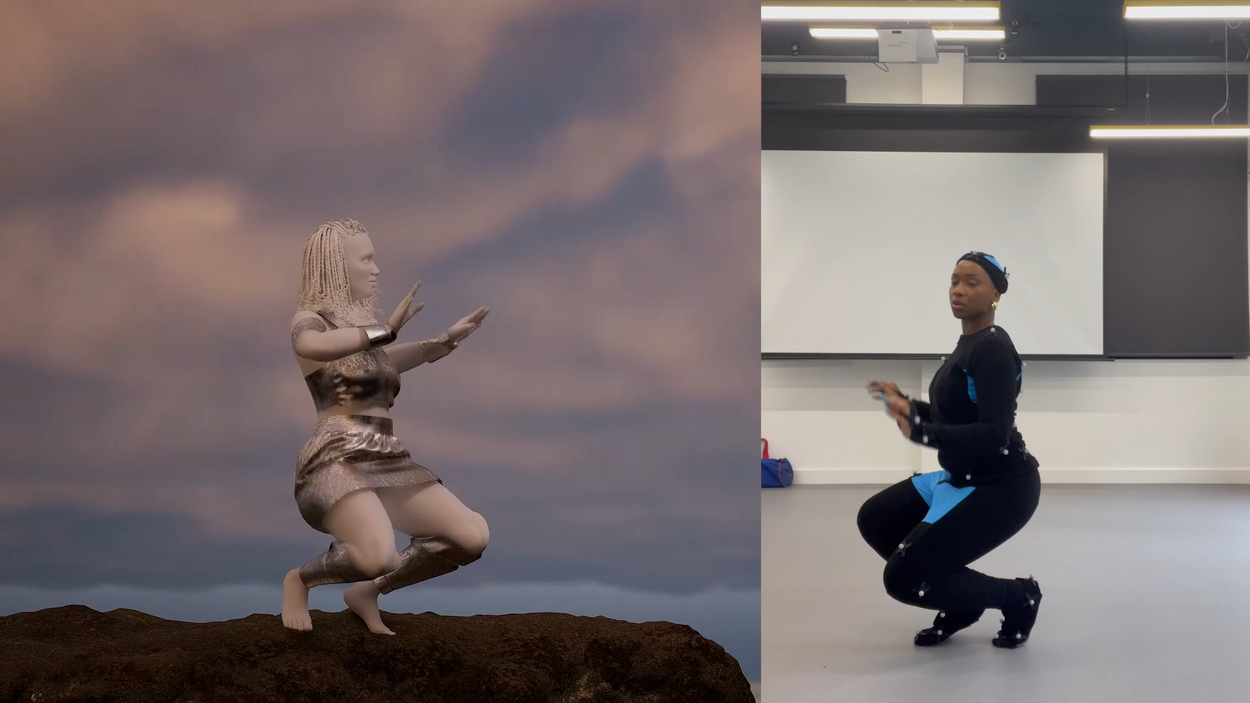 Olivia in the mocap suit and the digital rendering of it